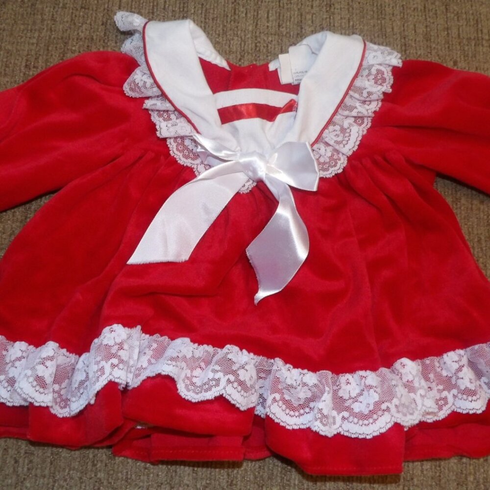 Girl's Dress, Red Velvet with White Collar and Lace 24 Months